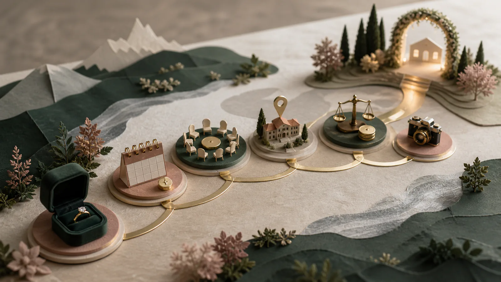Miniaturweg von Verlobungsring über Kalender, Gästerunde und Ort bis zur fotografischen Planung