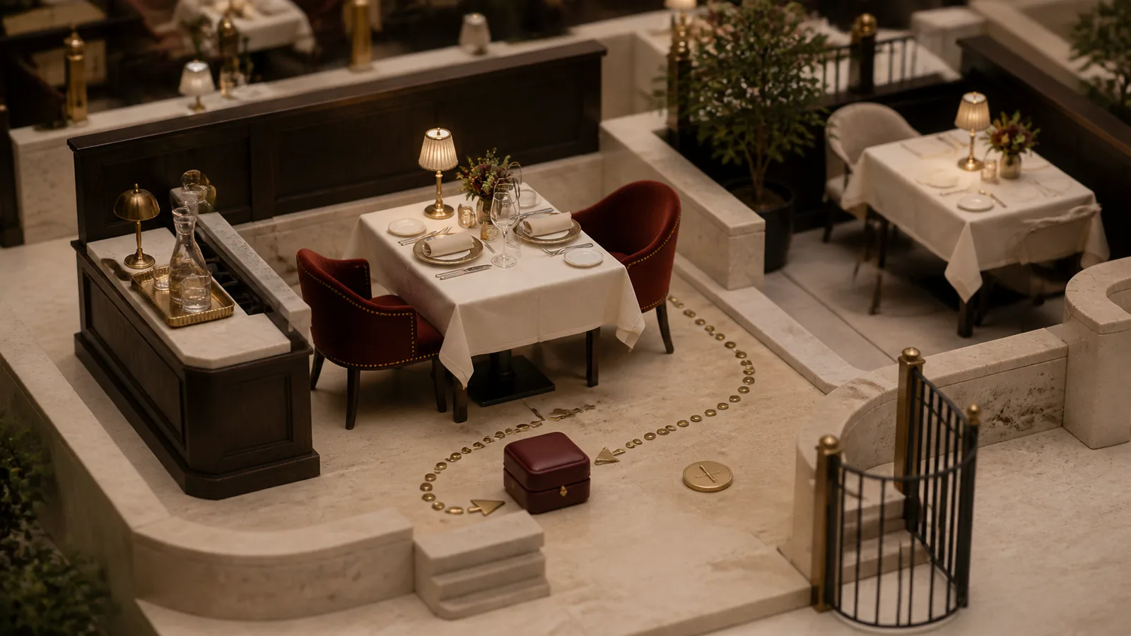 Ruhiger Restaurant-Zweiertisch mit Serviceübergabe, geschlossener Ringbox, Signal und naher Alternative