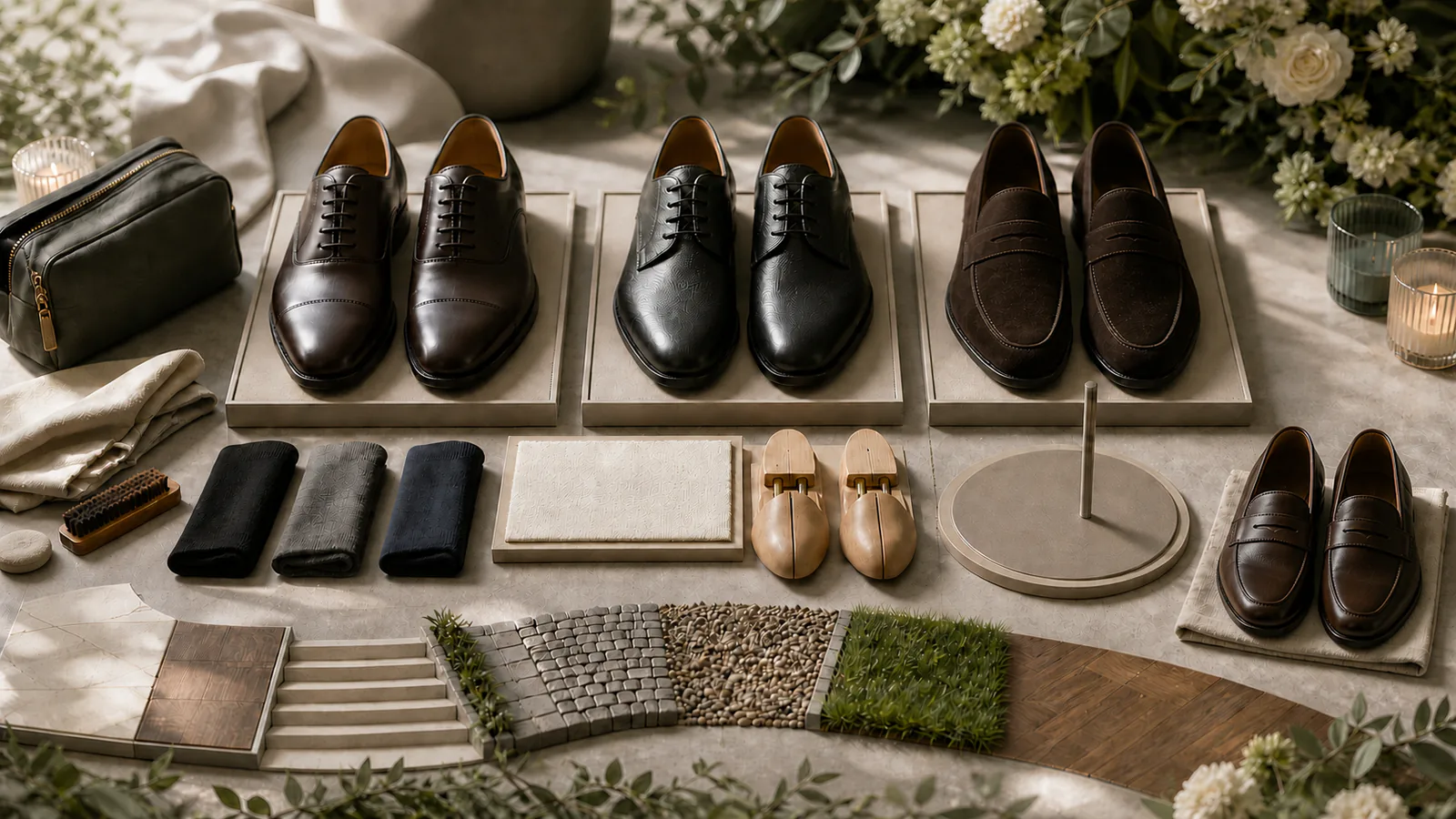 Drei gleichwertige Hochzeitsschuhpaare über einer Untergrundroute mit Socken, Leisten, Bewegungsprüfung und getrenntem Wechselpaar