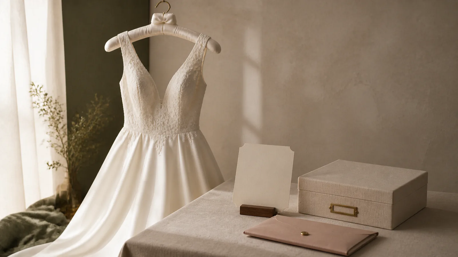 Brautkleid mit blanker Zustandskarte, Archivbox und Weitergabehülle