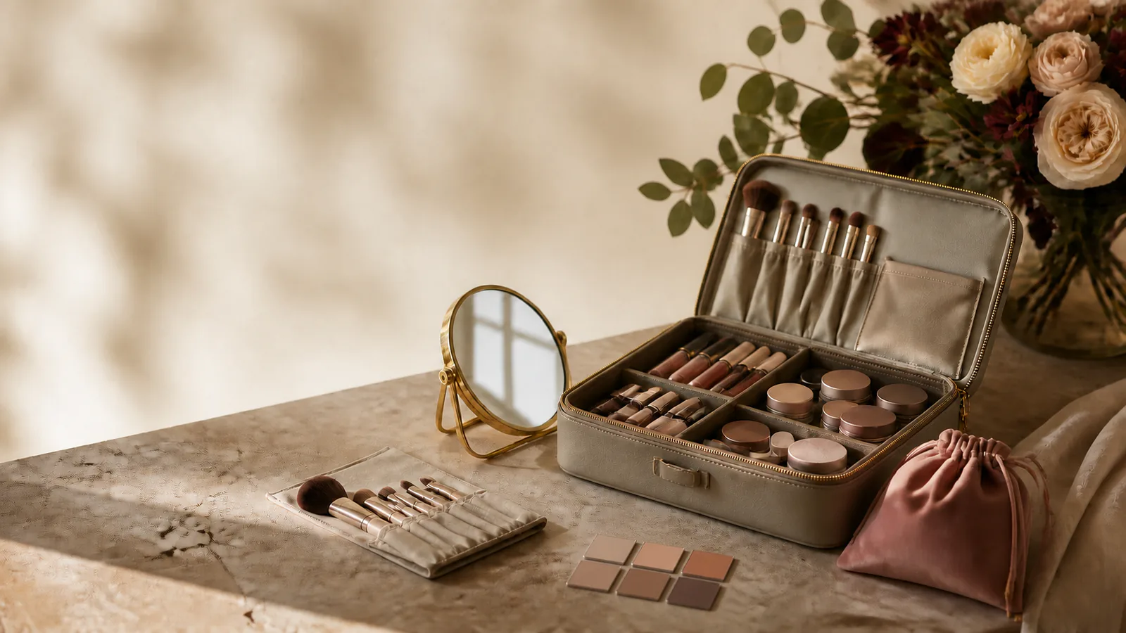 Offener Make-up-Koffer mit Spiegel, Pinselrolle, neutralen Behältern, keramischen Farbplättchen und Übergabebeutel