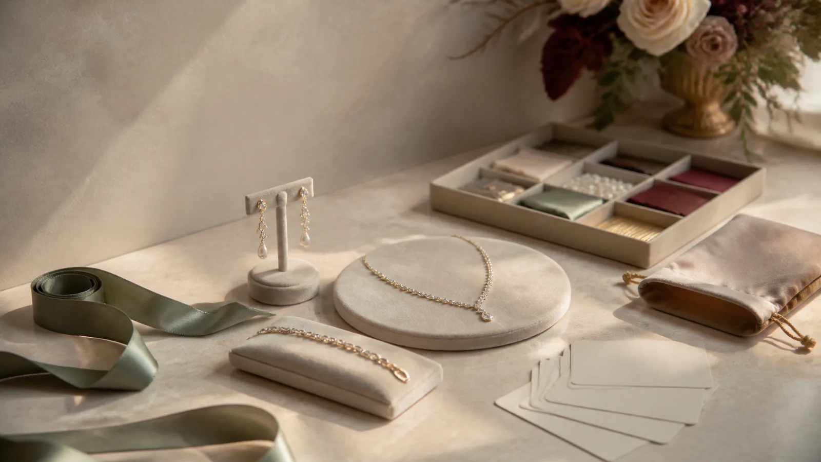 Kette, Ohrringe und Armband auf neutralen Formen mit ziffernlosem Band, Materialproben, Rückgabebeutel und Blankokarten