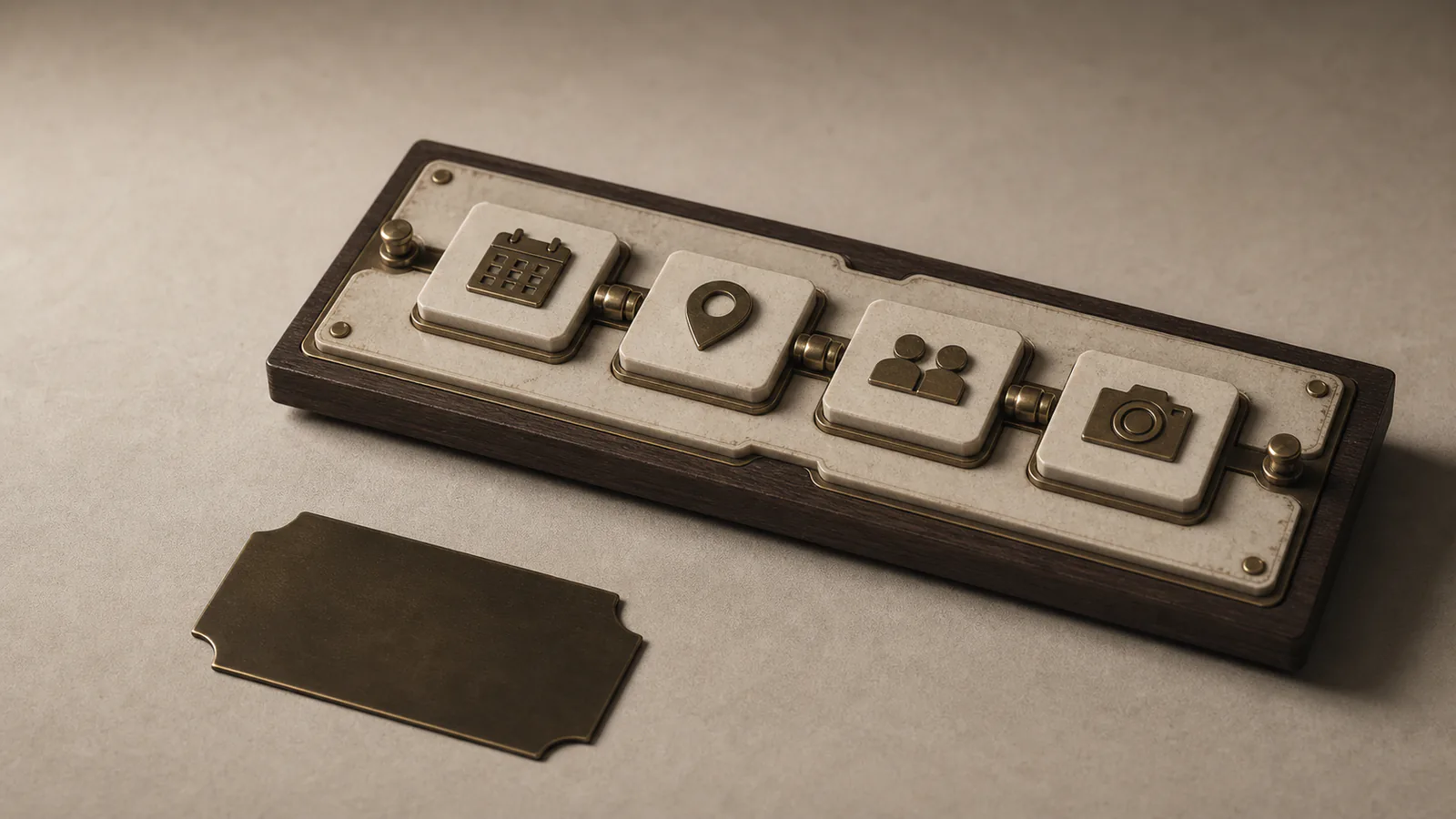 Modulares Planungsboard mit Symbolen für Termin, Ort, Gäste und Fotografie