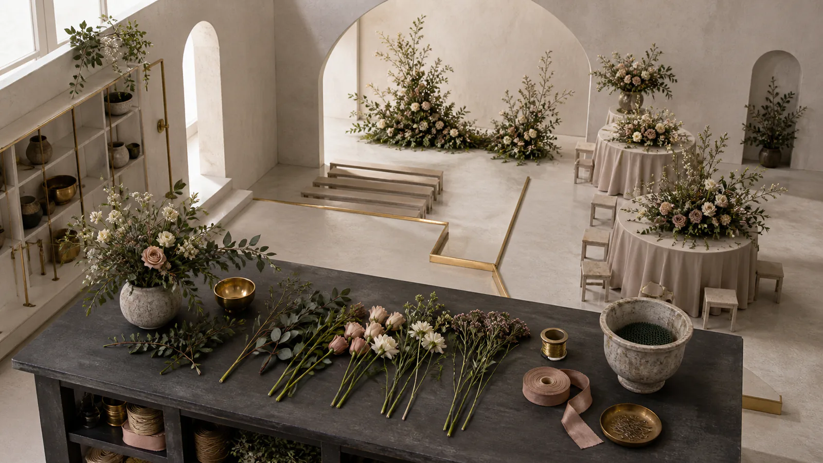 Floristik-Arbeitstisch mit Blumenstielen vor fertig arrangierten Trau- und Tischbereichen