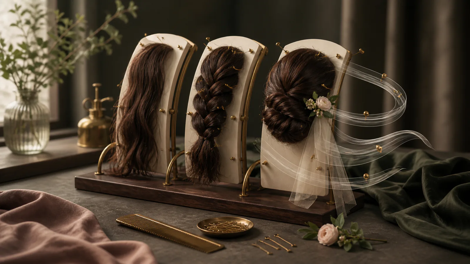 Drei Haar-Displays von offenem Haar über Flechtung bis zur Hochsteckfrisur mit Schleier und Accessoires