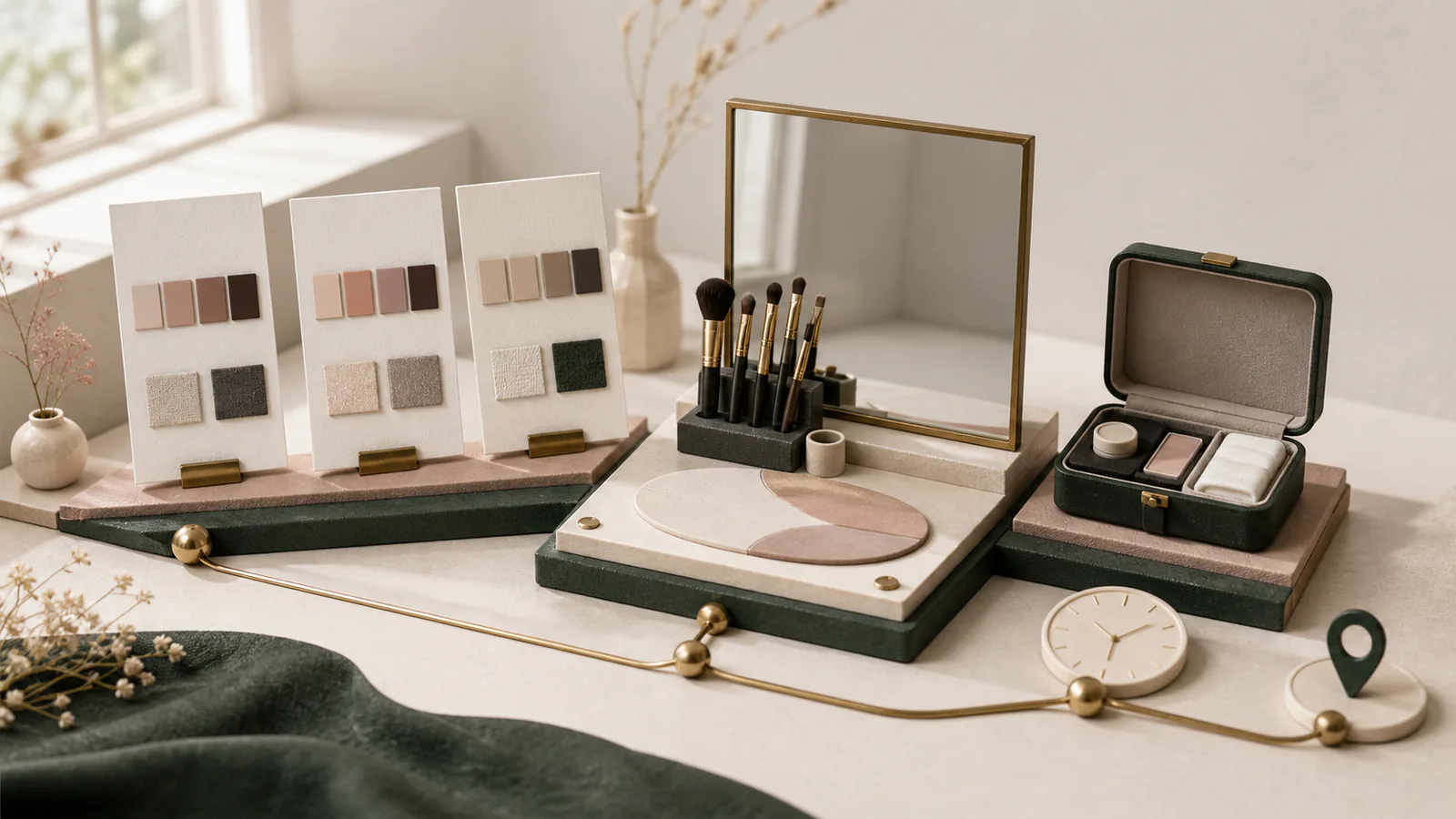 Make-up-Probestation mit Farbtafeln, Spiegel, Pinseln und persönlichem Korrekturset