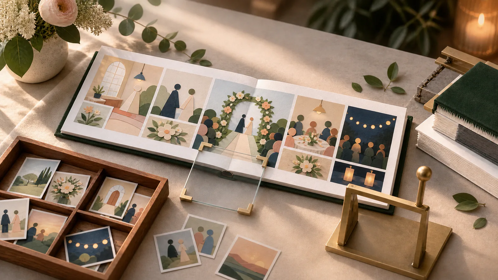Offenes Hochzeitsalbum mit textfreien Papiercollagen vom Tagesbeginn bis zur Abendfeier