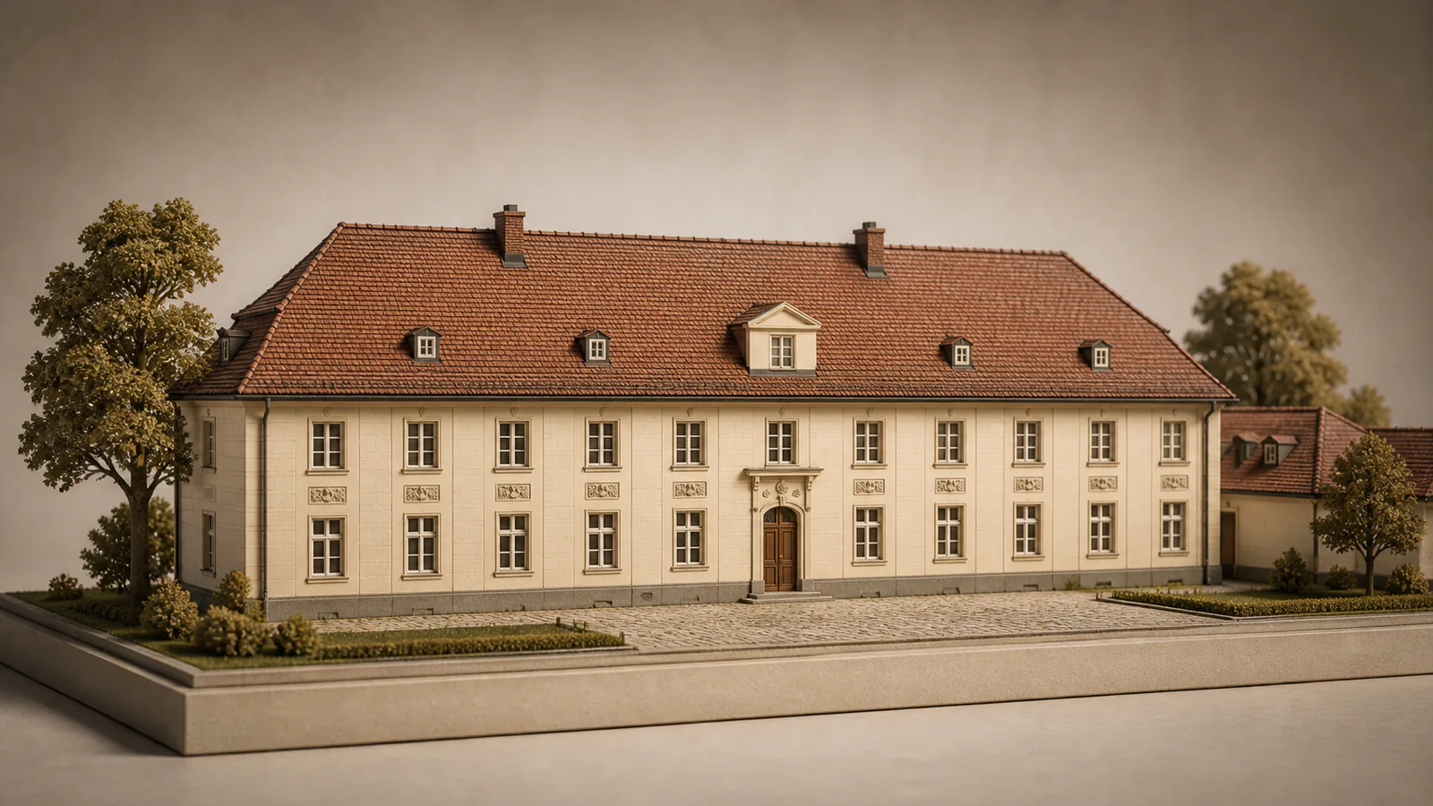 Schloss Diedersdorf als Architekturmodell mit symmetrischer heller Fassade, rotem Dach und zentraler Freitreppe