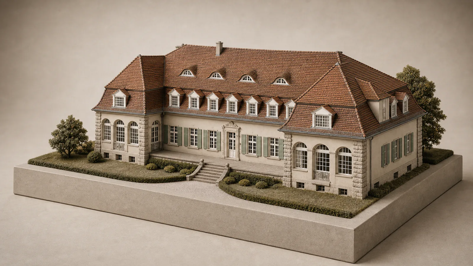 Schloss Kartzow als Architekturmodell mit heller Herrenhausfassade, steilem rotem Dach und zentraler Freitreppe