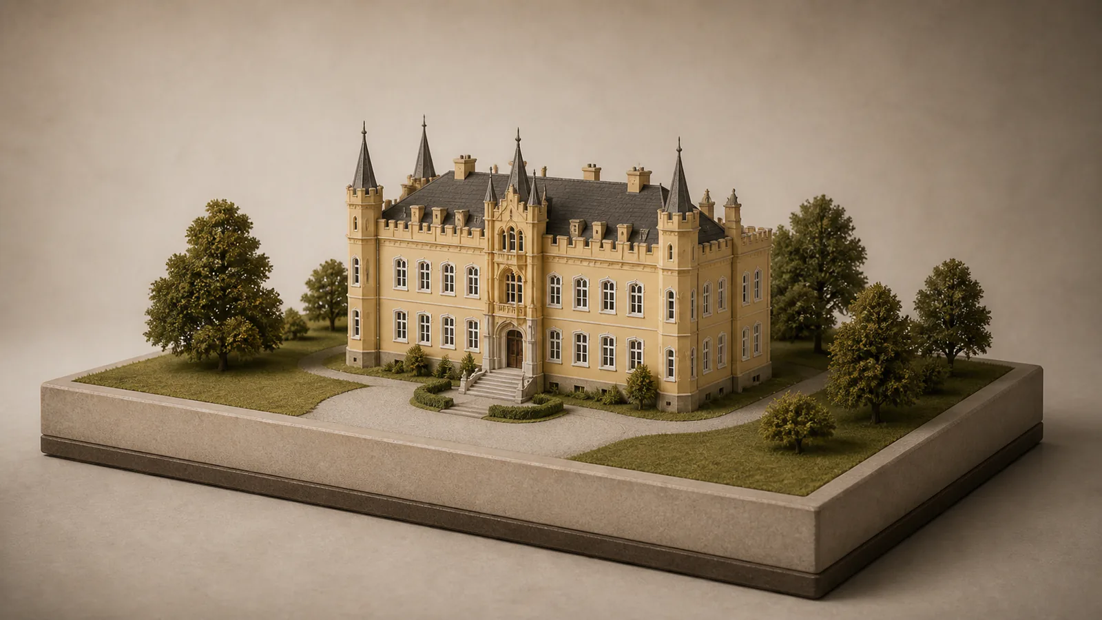 Schloss Kröchlendorff als Architekturmodell mit gelber historistischer Fassade, Ecktürmen und Zinnenlinie