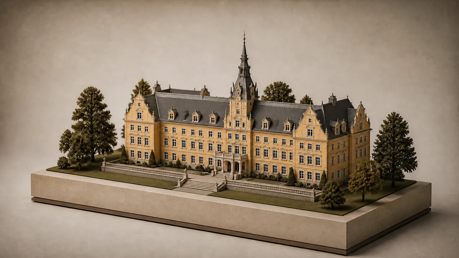 Schloss Liebenberg als Architekturmodell mit gelber Fassade, dunklen Dachflächen, Ziergiebeln und schlankem Turm