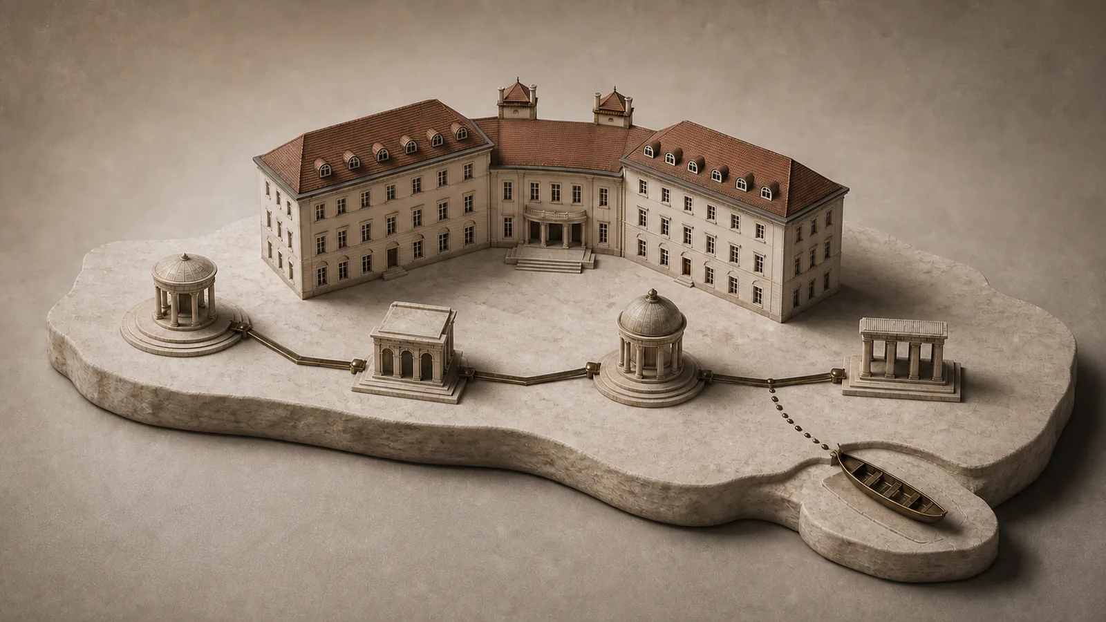 Schloss Lübbenau als Architekturmodell mit zwei Flügeln, zurückgesetztem Eingang und gegliedertem Dach