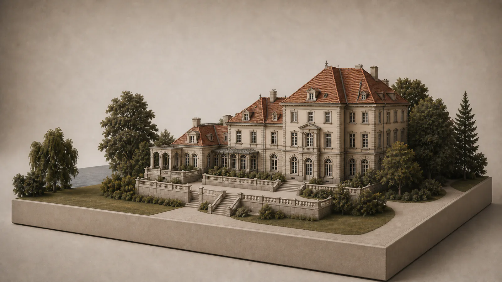 Schloss Marquardt als Architekturmodell mit sandfarbener asymmetrischer Fassade, rotem Dach und Parkterrasse