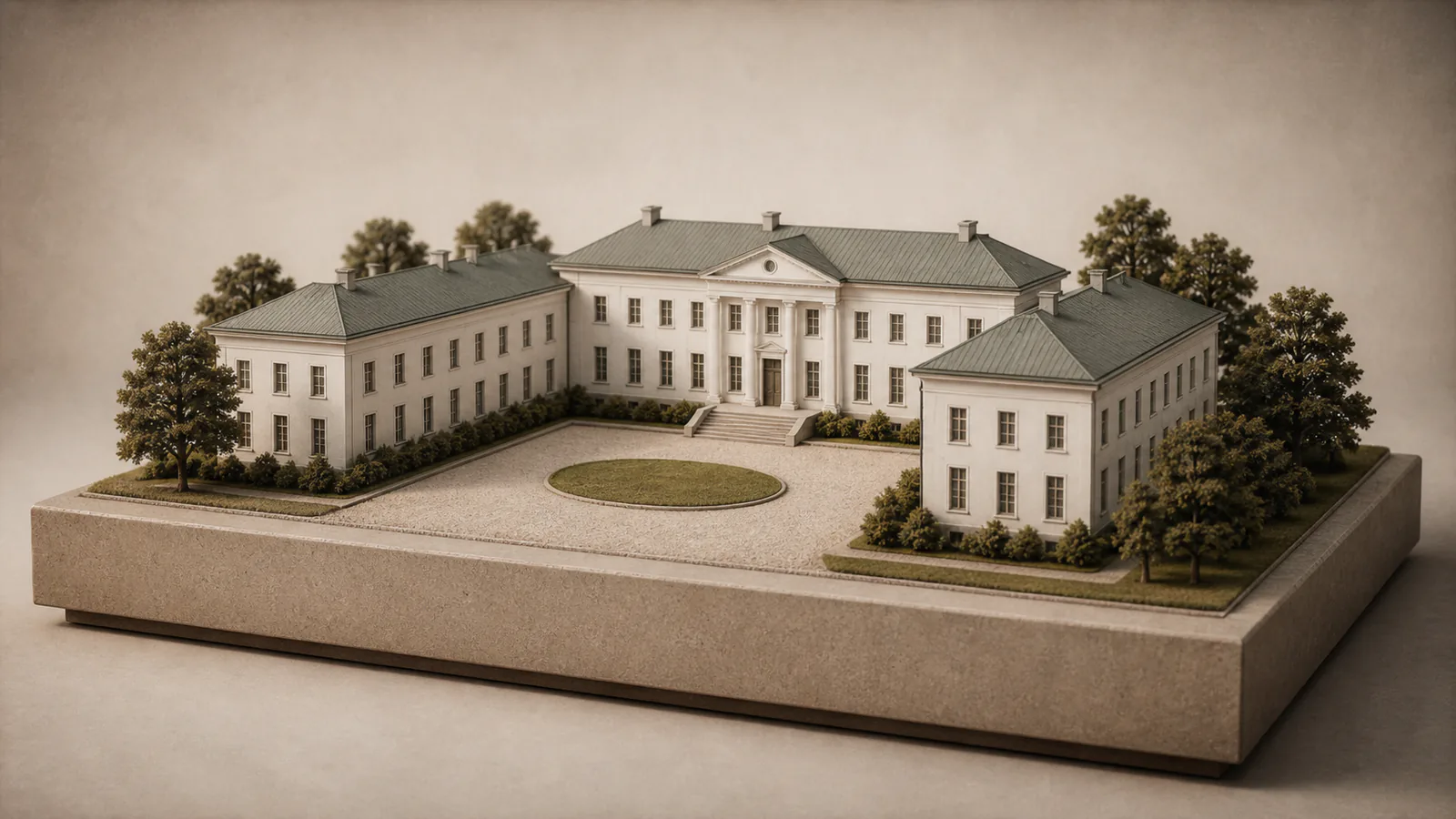 Schloss Neuhardenberg als Architekturmodell mit weißer klassizistischer Fassade, Dreiecksgiebel und drei Flügeln