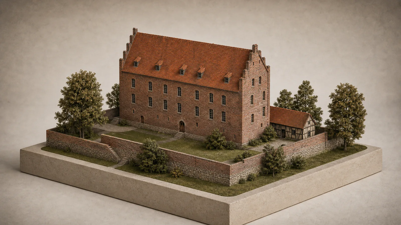 Burg Storkow als Architekturmodell mit rotem Backsteinpalas, steilem Giebeldach und sichtbarer Burgmauer