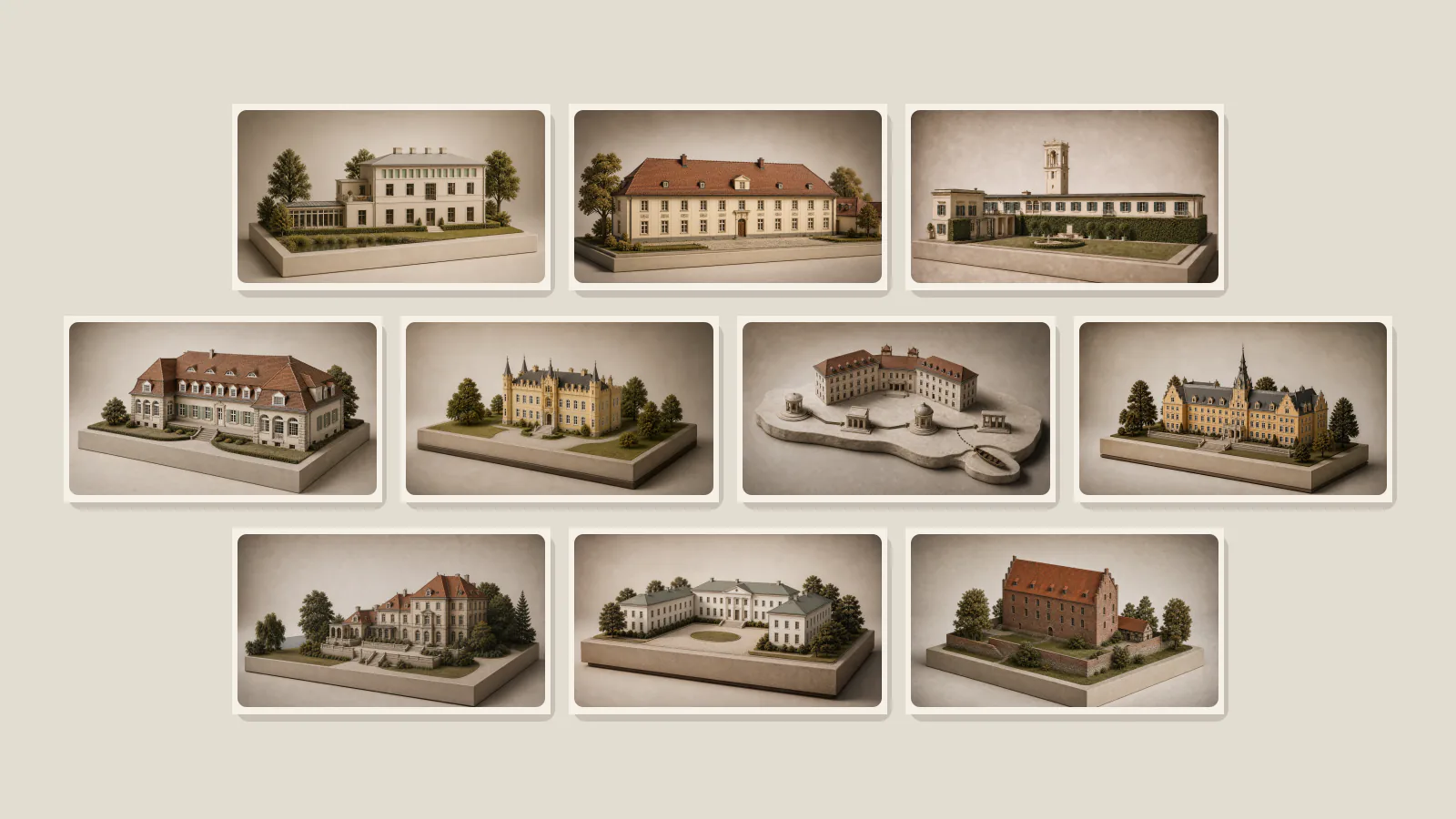 Montage aus zehn Architekturmodellen für Schlosshochzeiten in Brandenburg und Park Glienicke
