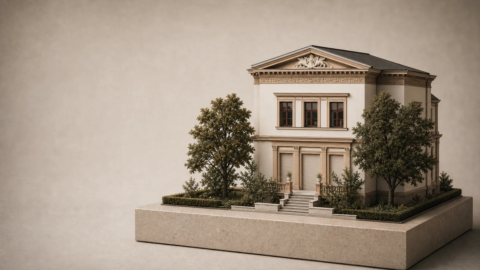 Villa Kogge als Architekturmodell mit Dreiecksgiebel und zentralem Portikus