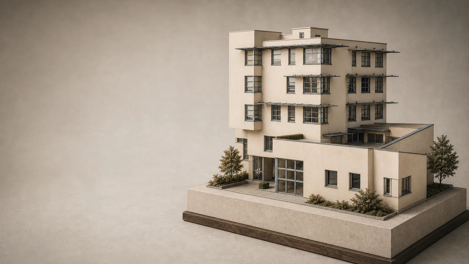 Schlesische Straße 27A als Architekturmodell mit cremefarbener Verwaltungsfassade und verglastem Eingang