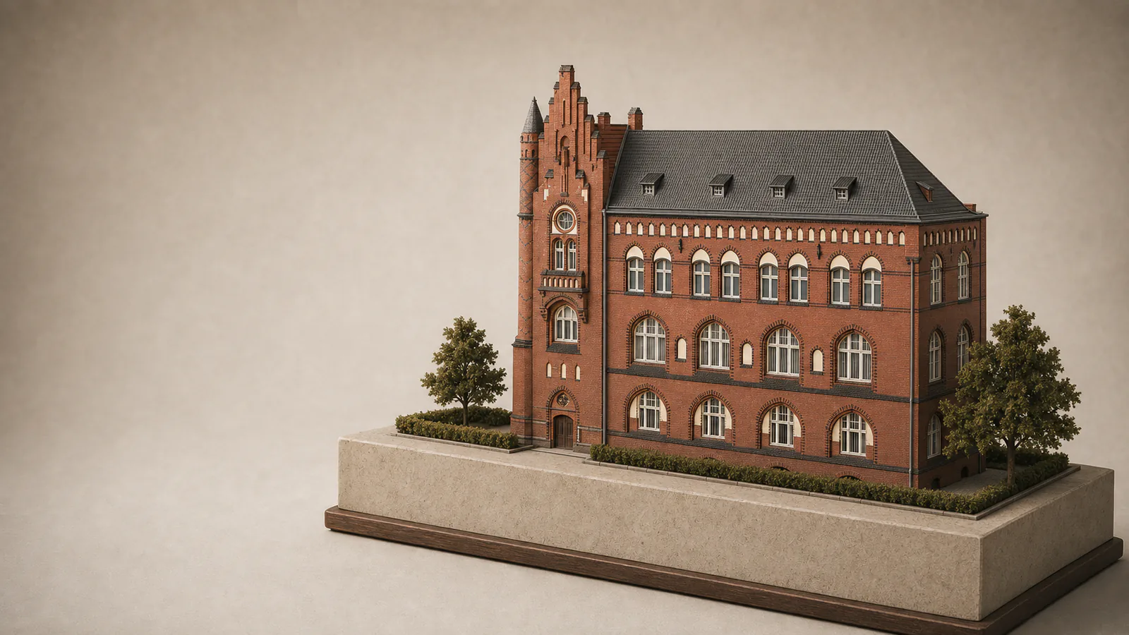 Rathaus Lichtenberg als Architekturmodell mit rotem Backstein, Stufengiebel und schmalem Eckturm