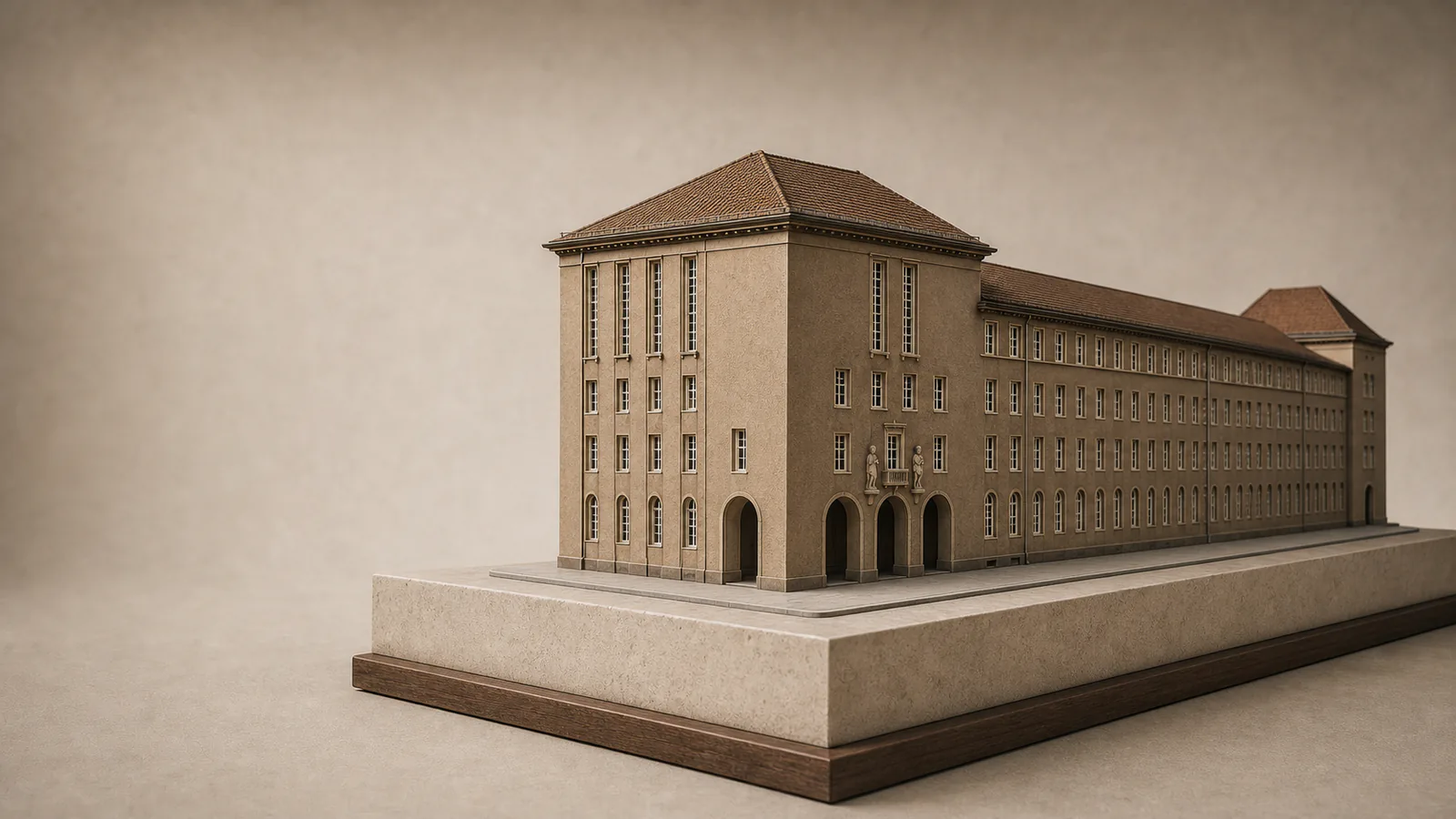Neues Stadthaus als Architekturmodell mit langem Steinbau, hohem Eckvolumen und zurückgesetzten Erdgeschossbögen