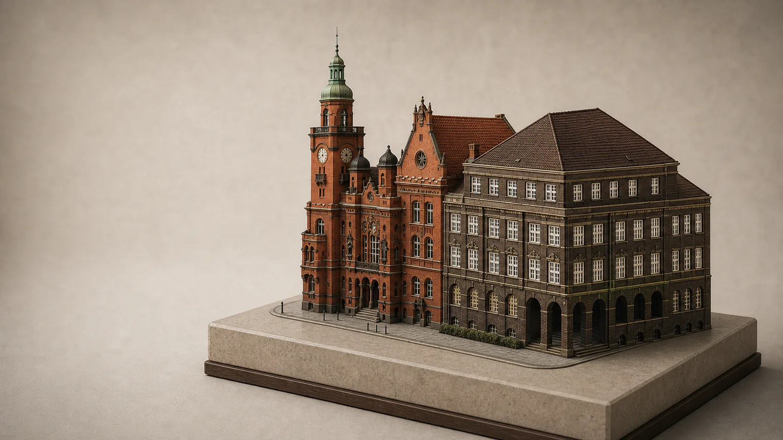 Rathaus Pankow als Architekturmodell mit asymmetrischem roten Hauptbau, dunklem Seitenflügel und Kupferturm