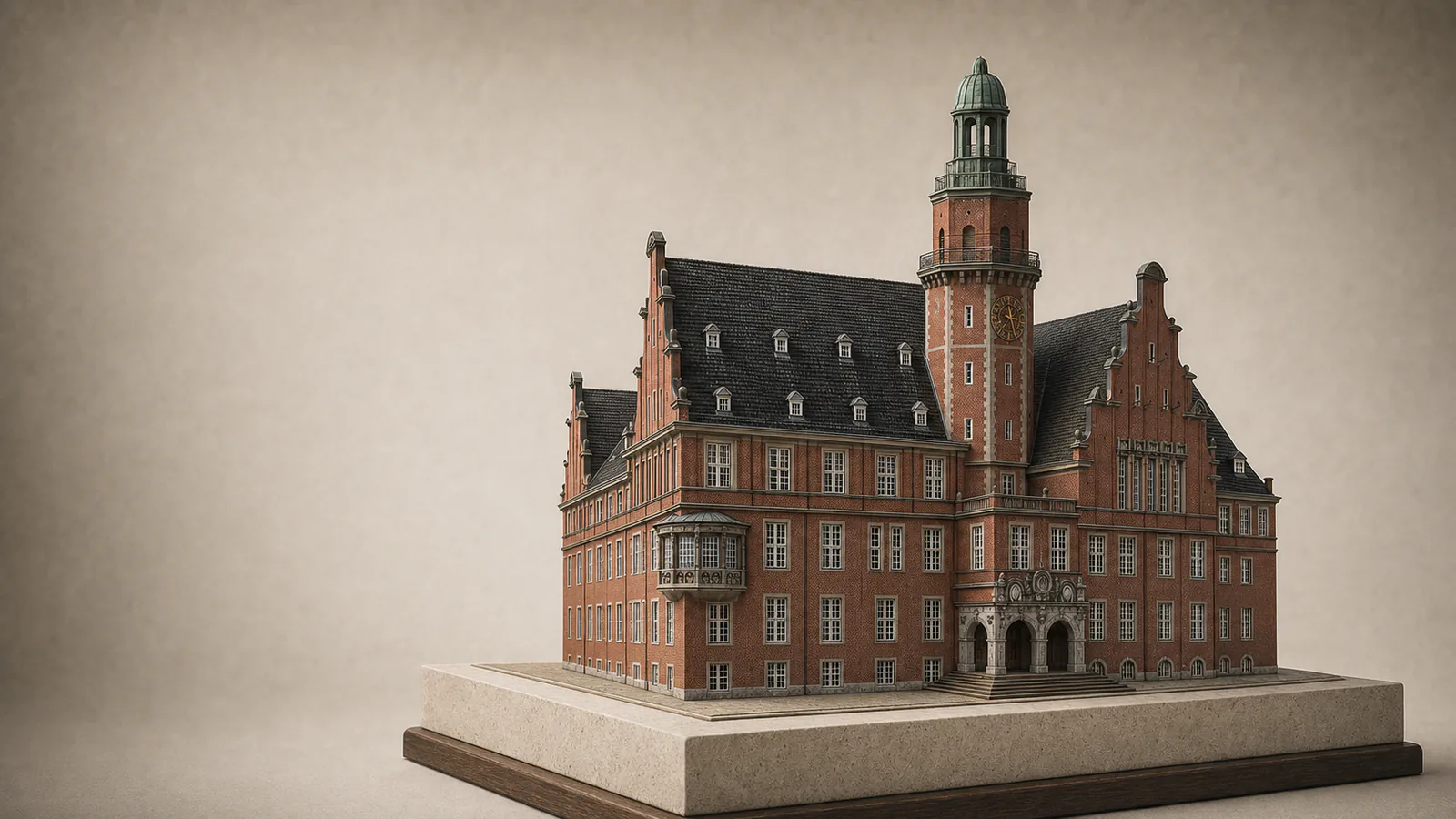 Rathaus Reinickendorf als Architekturmodell mit dunkelrotem Backstein, steilem Dach, Erker und Hauptturm