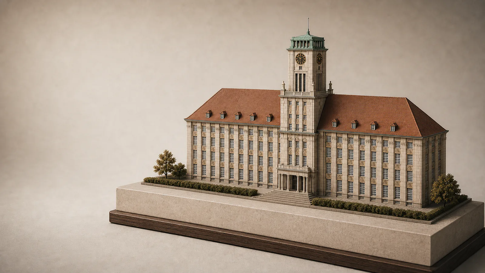 Rathaus Spandau als Architekturmodell mit langem cremefarbenem Baukörper und großem zentralem Uhrturm