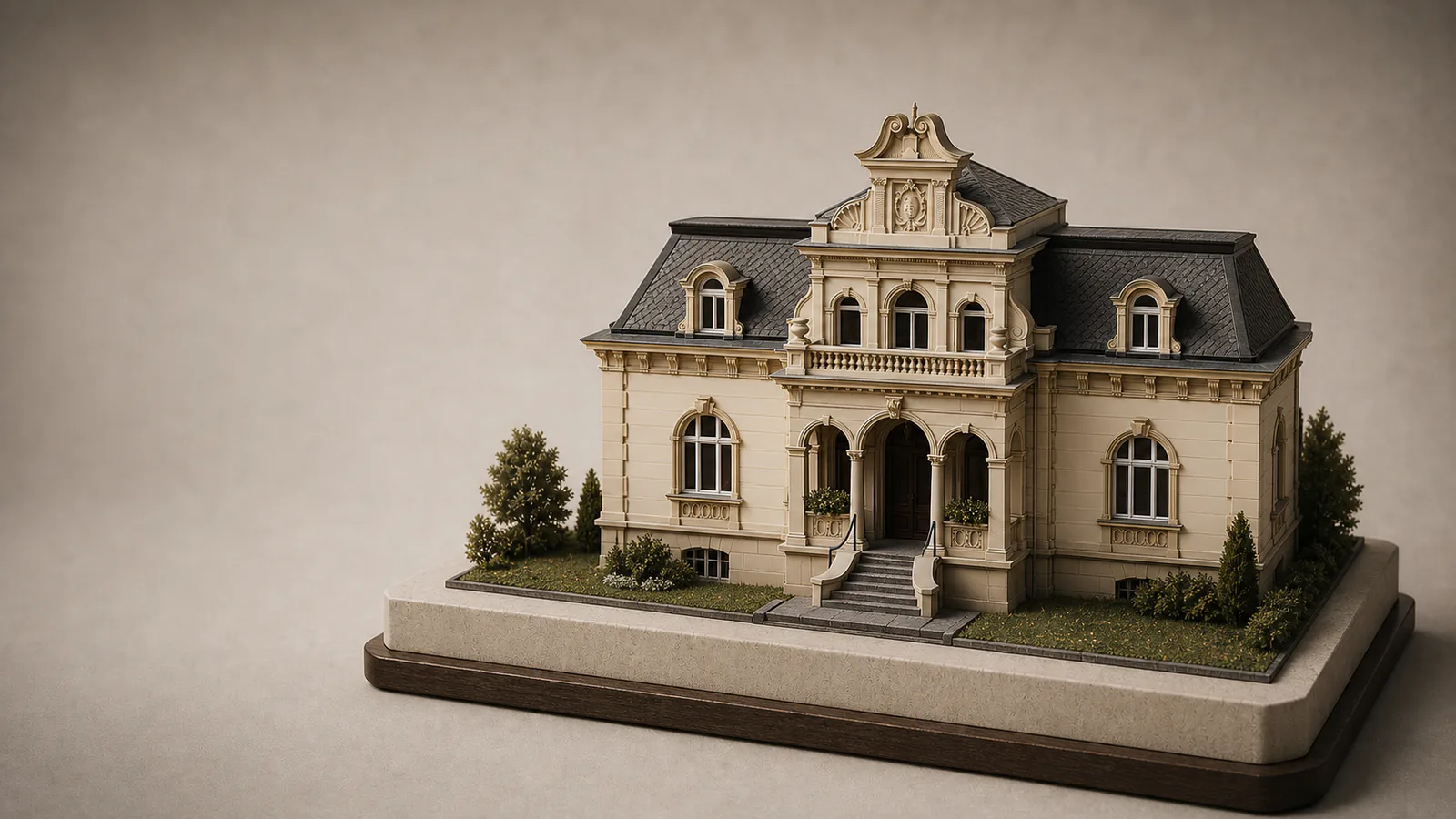 Villa Sidonie als Architekturmodell mit Rundbogenfenstern, zentraler Loggia, Mansarddach und Ziergiebel