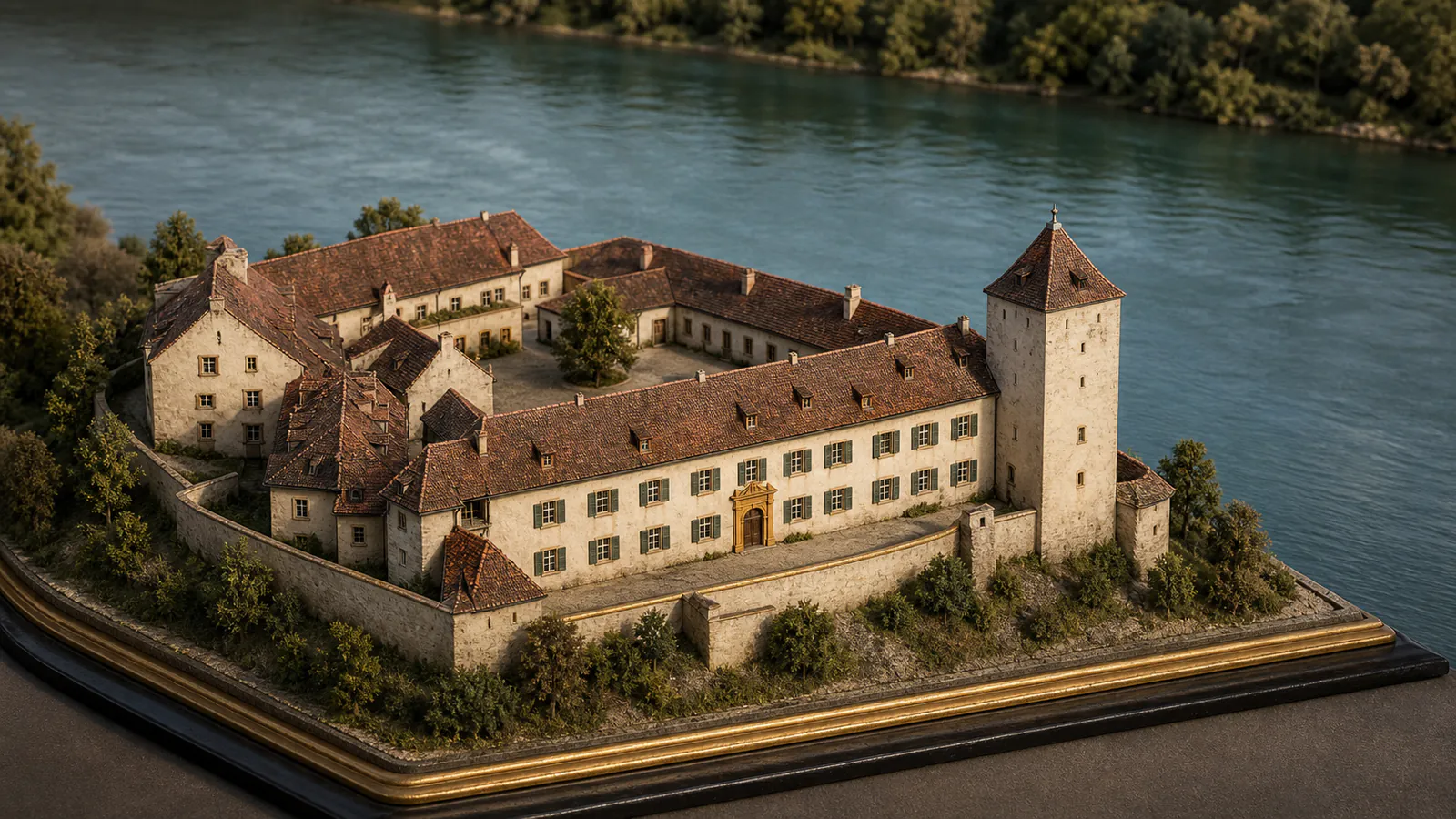 Stilisiertes Architekturmodell von Schloss Beuggen mit Hauptfassade, Innenhof, Rechteckturm und dem Rhein direkt dahinter