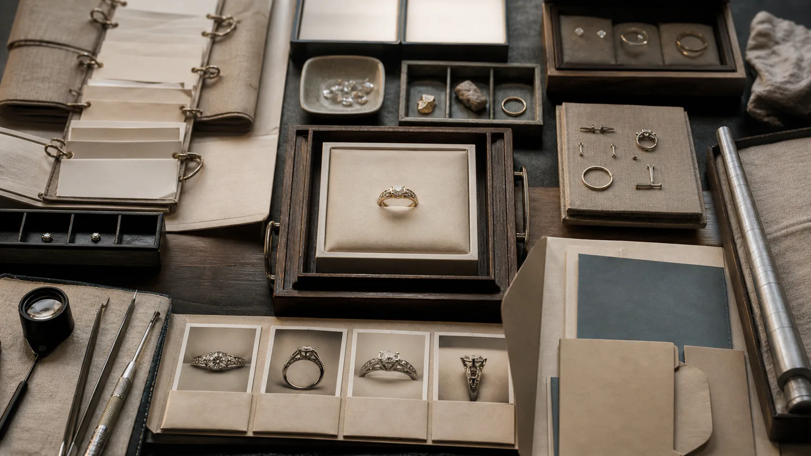 Ein einzelner Vintage-Stil-Ring liegt in einem blanken Prüfdossier mit sichtbaren Beleglücken und getrennten Zustandsstationen