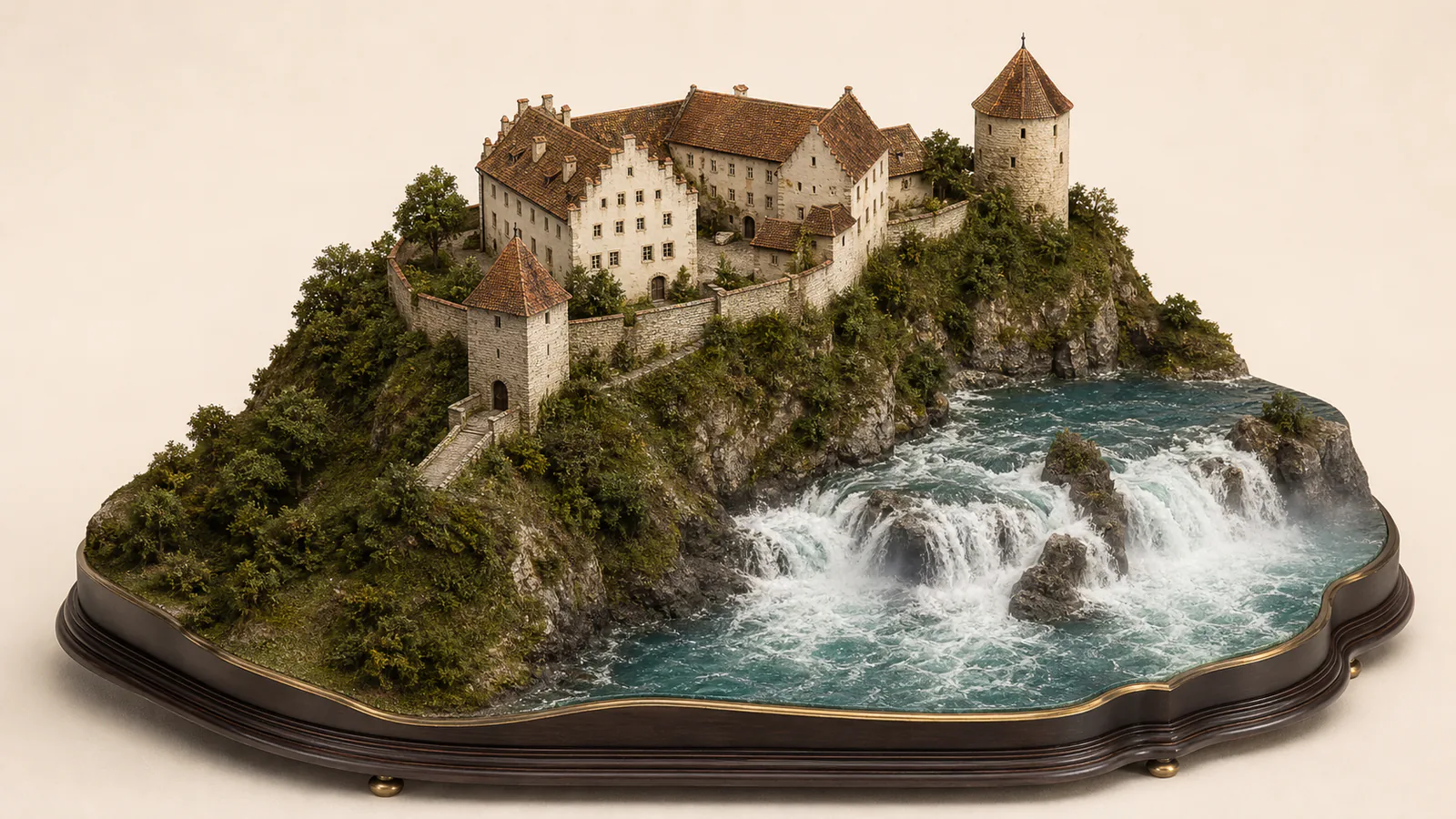 Stilisiertes Architekturmodell von Schloss Laufen mit Steppengiebeln, Innenhof, Tor- und Rundturm über dem Rheinfall