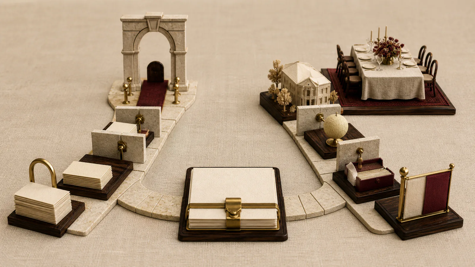 Two separate miniature routes for legal documents and celebration planning meet only at one blank shared brief secured by a brass clasp